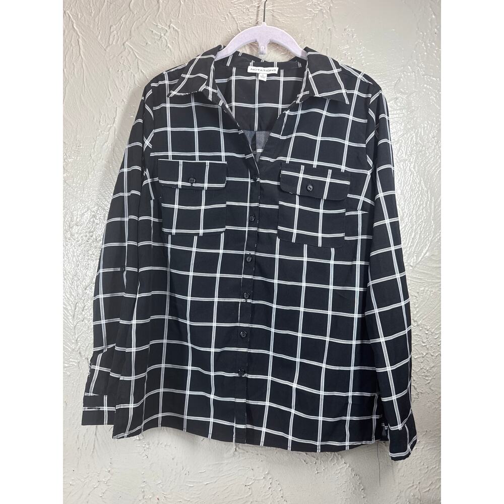 Notations Womens Black White Checkered Blouse 3/4 Tab Sleeves Shirt Size Small